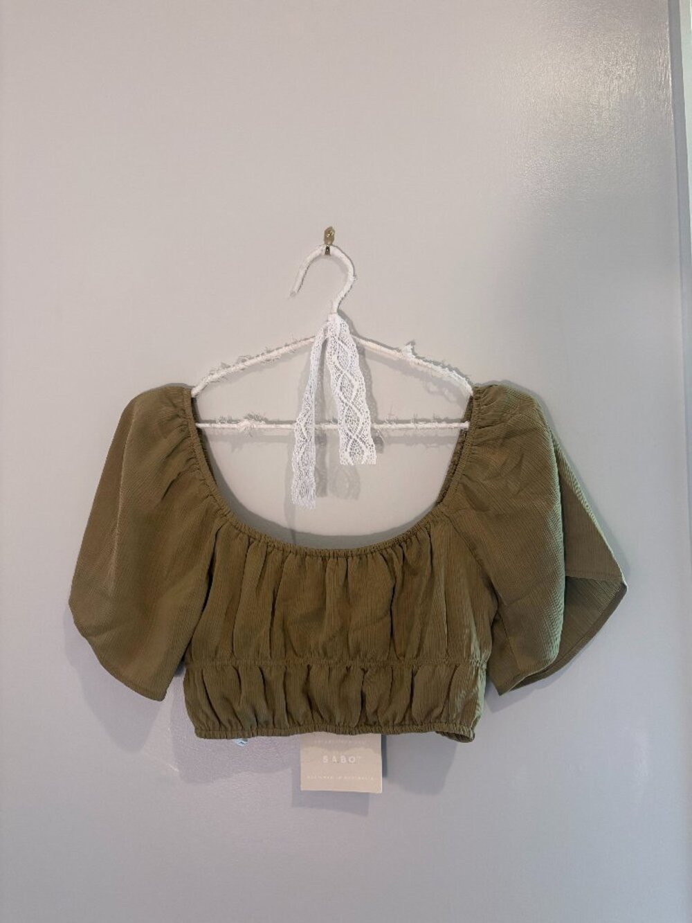 Sabo Skirt Olive Puff Sleeve Smocked Crop Top XS